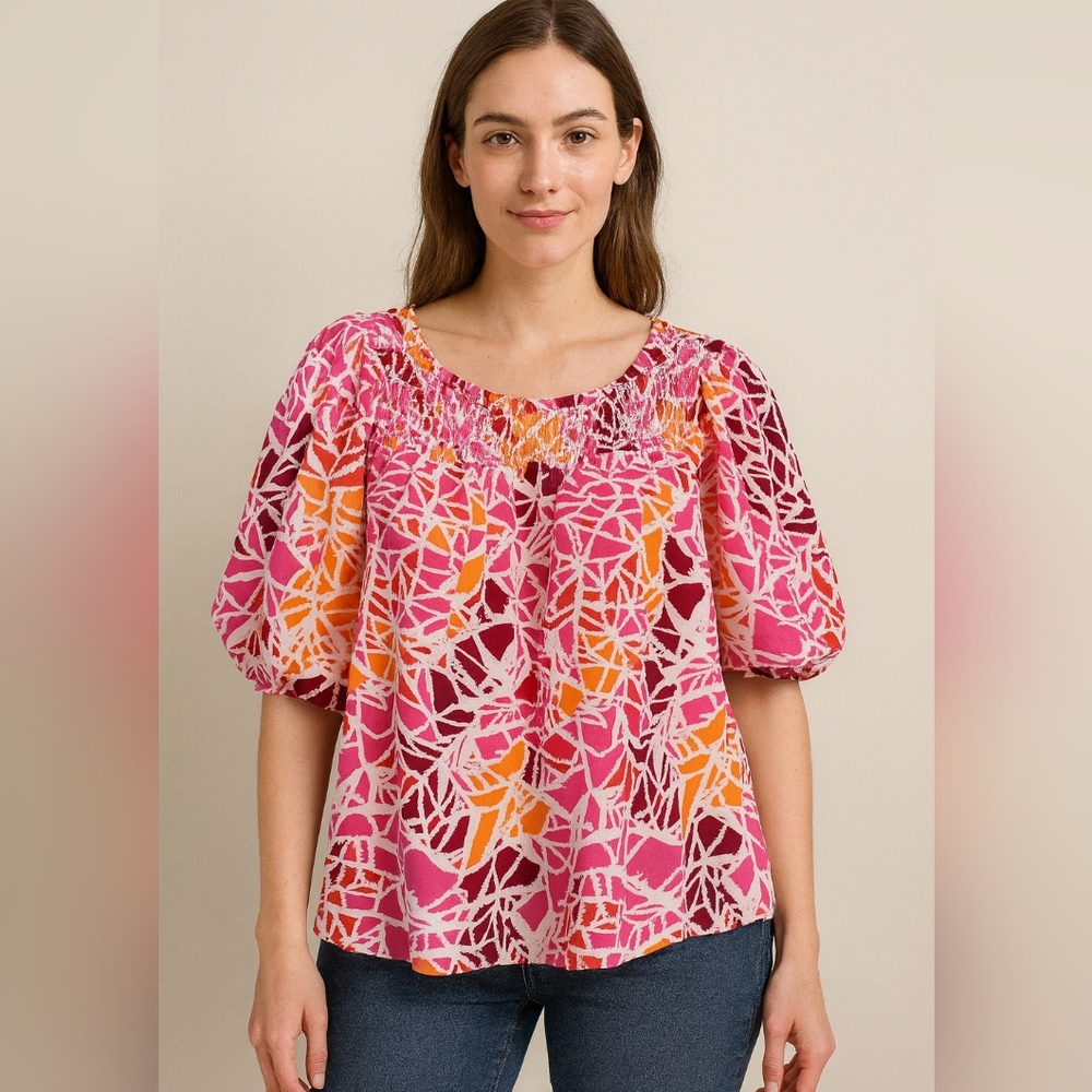 #178 Hailey & Co Pink Orange Abstract Print Tie Neck Blouse Women’s Large